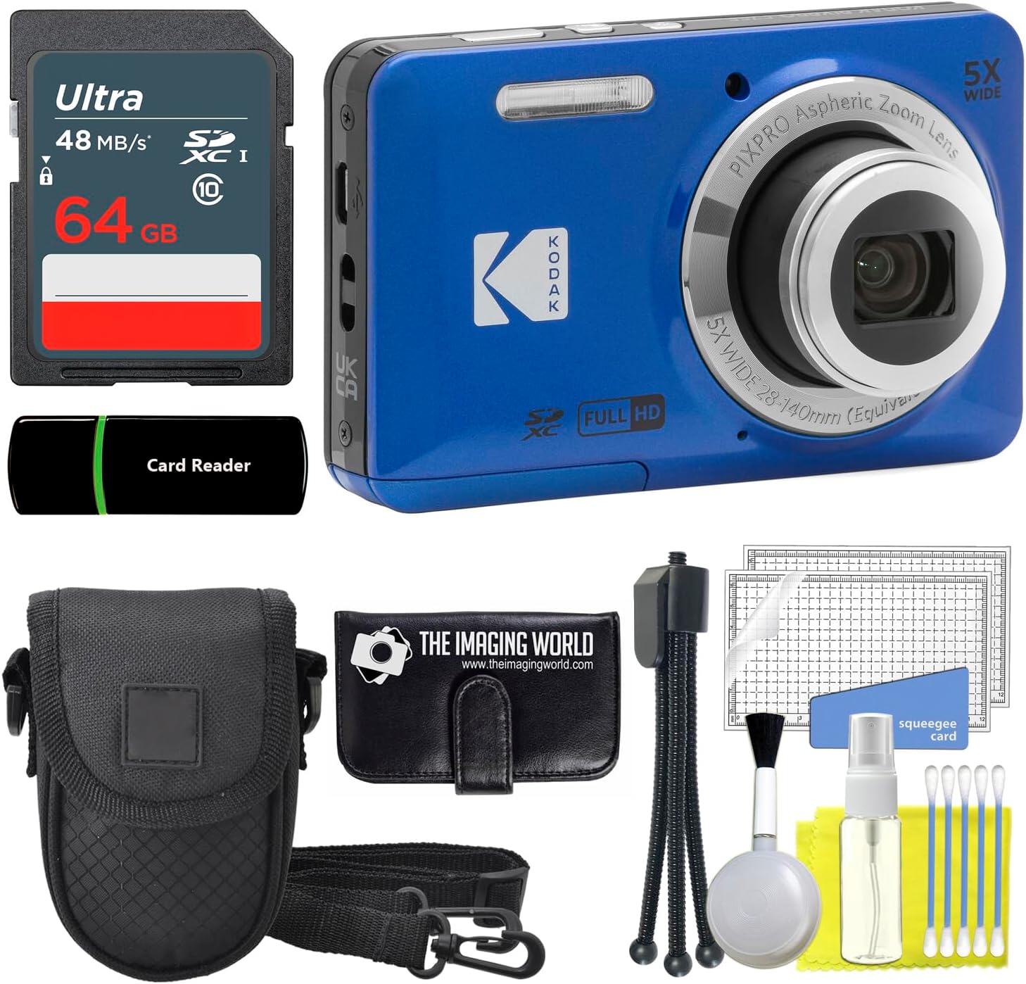 Kodak PIXPRO FZ55 Blue 16MP Digital Camera 5X Optical Zoom 28mm Wide Angle 1080P Full HD Video 2.7' LCD Camera + 64GB Card and Reader + Case + Memory Wallet + Tripod + Cleaning Bundle