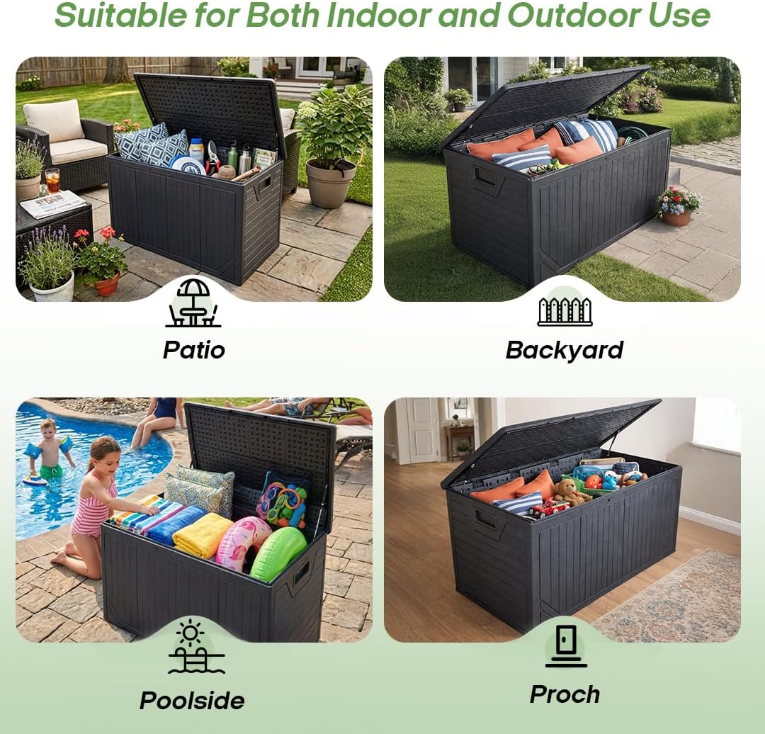 300 Gallon Outdoor Deck Box, Waterproof Outdoor Thick Resin Storage Box for Patio, Garden, Pool Equipment, and Outdoor Cushions (Black)