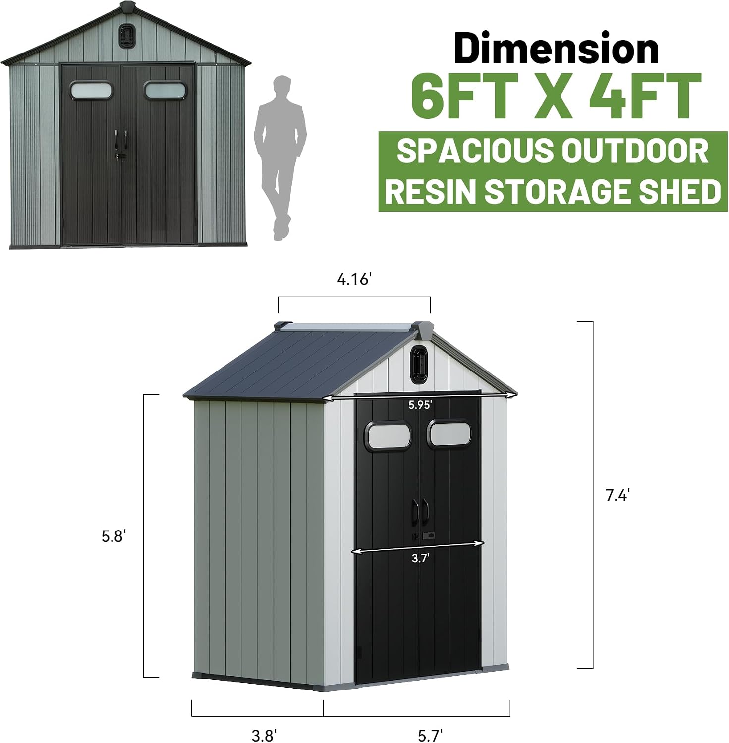 6X4FT Outdoor Resin Storage Shed, Waterproof Plastic Garden Shed with Lockable Door, Windows & Vents, Outside Storage Tool Shed for Patio Furniture, Lawn Mower, Bike