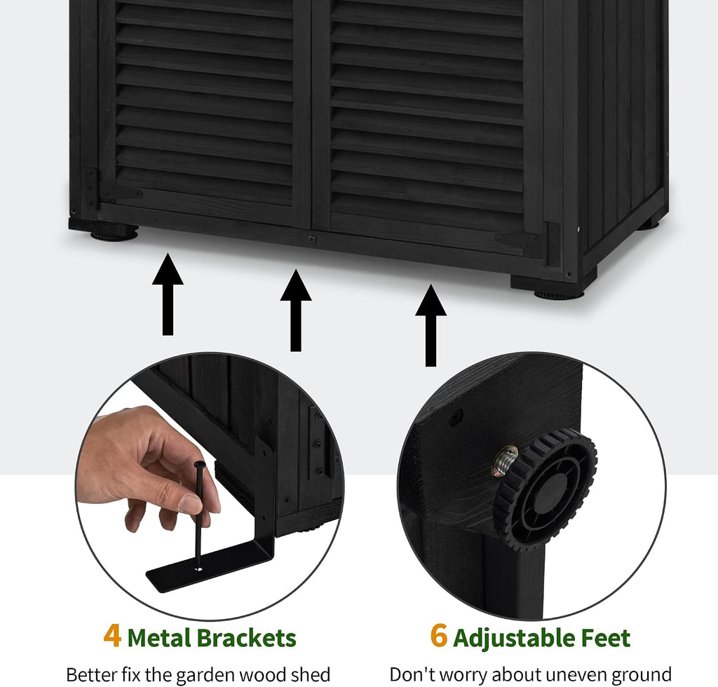 MCombo Outdoor Storage Cabinet, Wooden Storage Shed with Latch, Outside Garden Tool Shed with 2 Doors for Patio Yard Lawn, 0808 (Black, Medium)