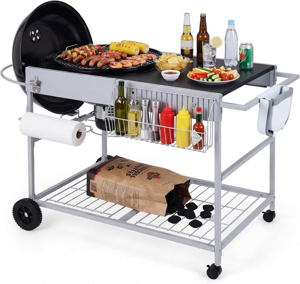 HAPPYGRILL Outdoor Grill Table for 18'& 22' Weber Original Kettle, Movable BBQ Grill Cart w/Wire Rack, Seasoning Rack & Garbage Can, Prep Kitchen Island w/Storage for Backyard Camping Picnic