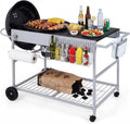 HAPPYGRILL Outdoor Grill Table for 18'& 22' Weber Original Kettle, Movable BBQ Grill Cart w/Wire Rack, Seasoning Rack & Garbage Can, Prep Kitchen Island w/Storage for Backyard Camping Picnic