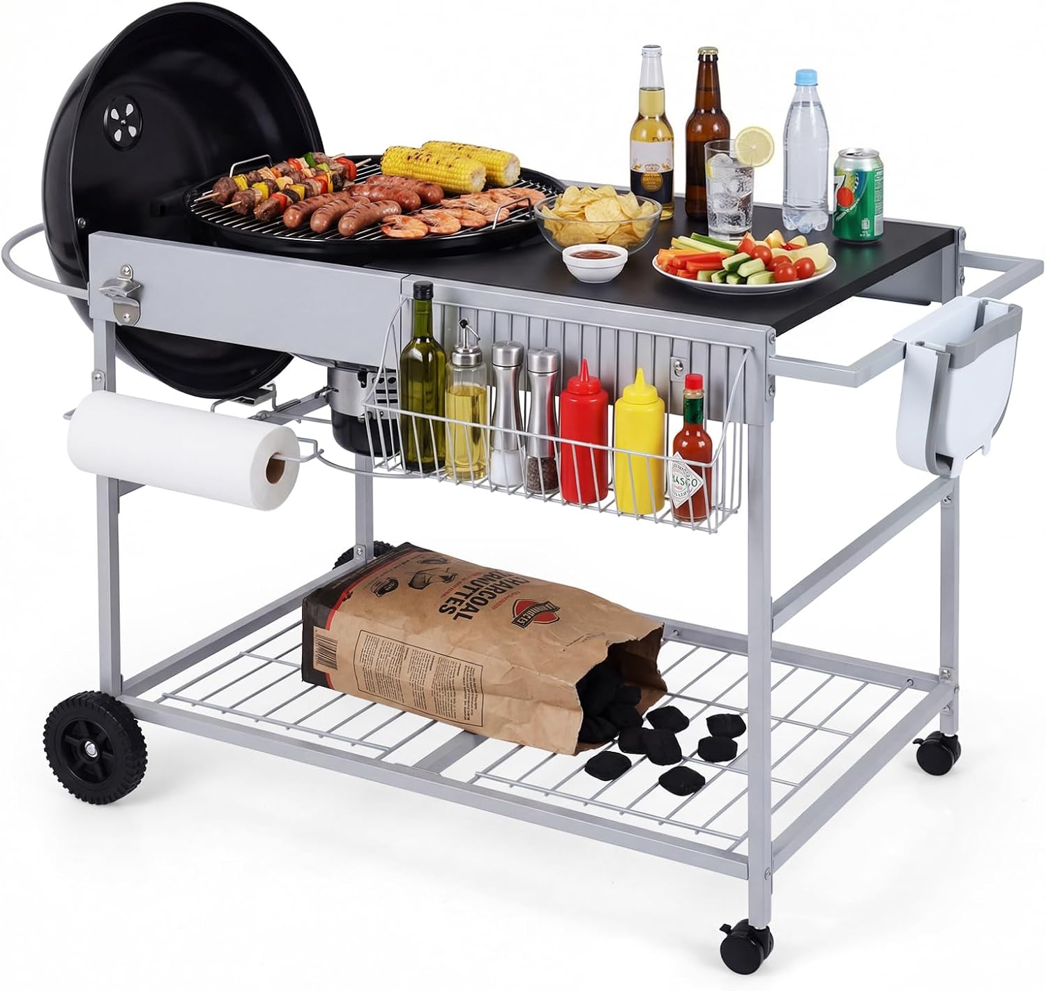 HAPPYGRILL Outdoor Grill Table for 18'& 22' Weber Original Kettle, Movable BBQ Grill Cart w/Wire Rack, Seasoning Rack & Garbage Can, Prep Kitchen Island w/Storage for Backyard Camping Picnic