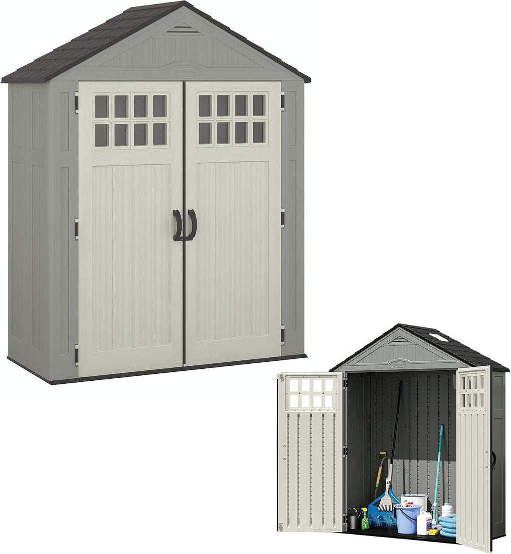 Suncast Everett 6x3 ft Vertical Storage Shed - Resin Outdoor Garden Shed with Floor, Windows, Skylight & Lockable Double Doors. Slim Yard Storage for Utility Tools & Backyard Equipment