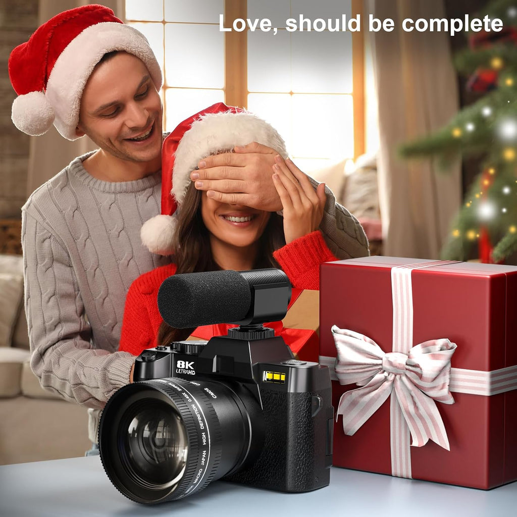 8K Digital Cameras for Photography, 64MP vlogging Camera with 180°Flip Screen，2 Batteries, 64GB TF Card，16X Zoom, WiFi,Microphone, Wide & Macro Lens Kit (Black)