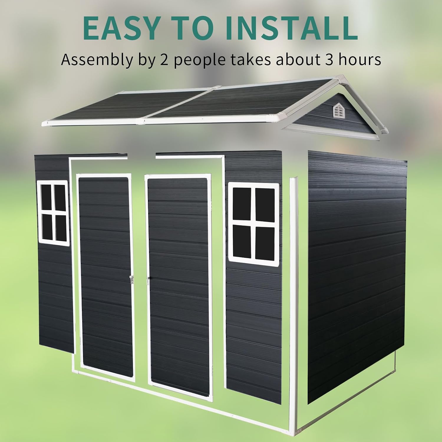 8x4FT Plastic Sheds & Outdoor Storage, Resin Shed with Floor, Plastic Storage Shed with Double Lockable Doors, Windows & Steel Frame, Lawn Mower Shed for Backyard/Garden Tools/Bike (8x4FT)