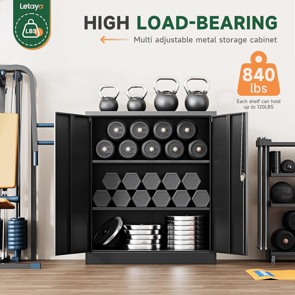 Letaya Metal Storage Cabinets with Lock Door,2 Adjustable Shelves Organizer Steel Storage Cabinets for Home,Office,Warehouse,Garage,Employee Lockers(Black)