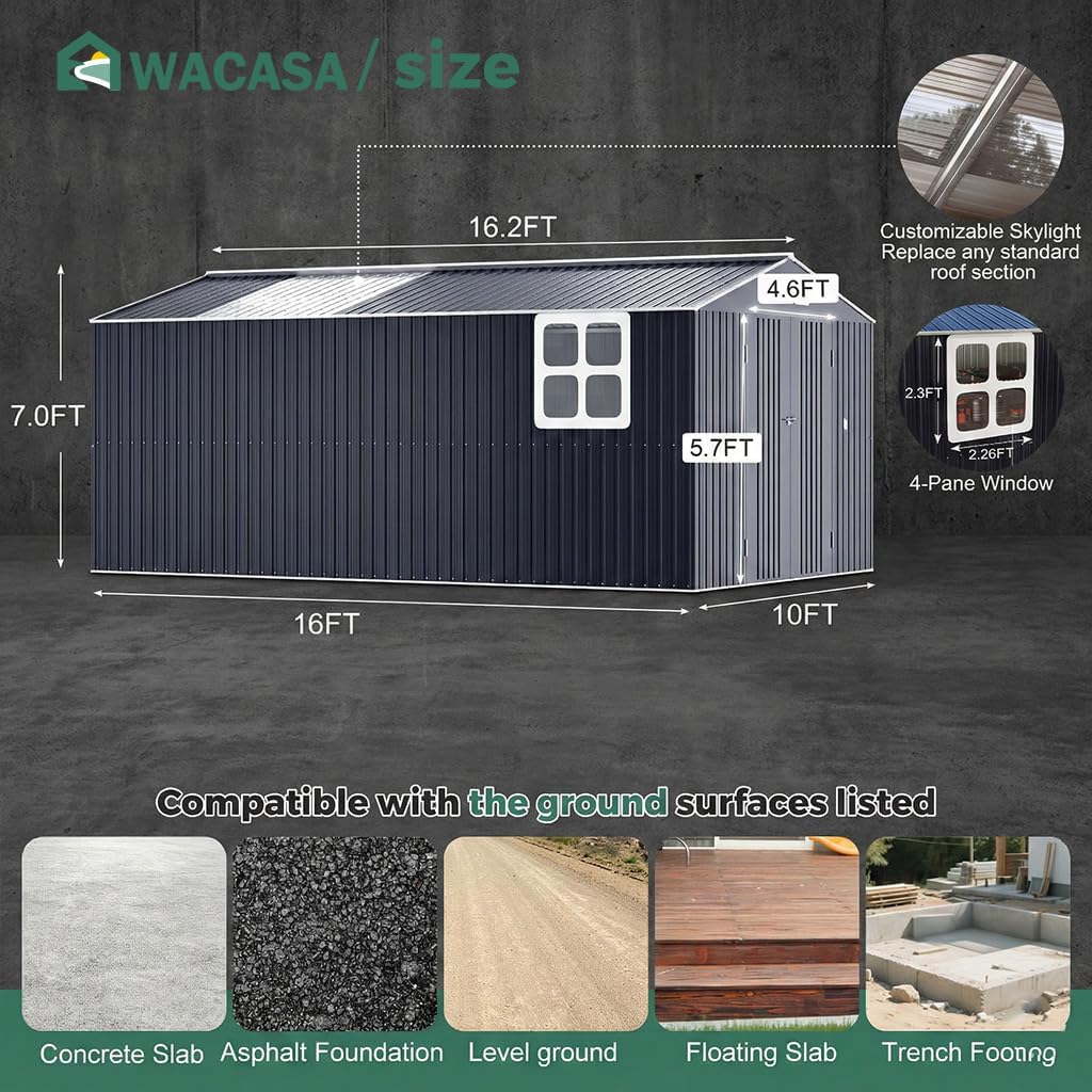 WACASA 10x16 FT Metal Shed with Base Frame Floor Kit | Heavy-Duty Military-Grade 20-Gauge Reinforced Frame with Powder Coating | 50 PSF Snow Load & 120 MPH Wind Rated | Skylight Tiny House Building