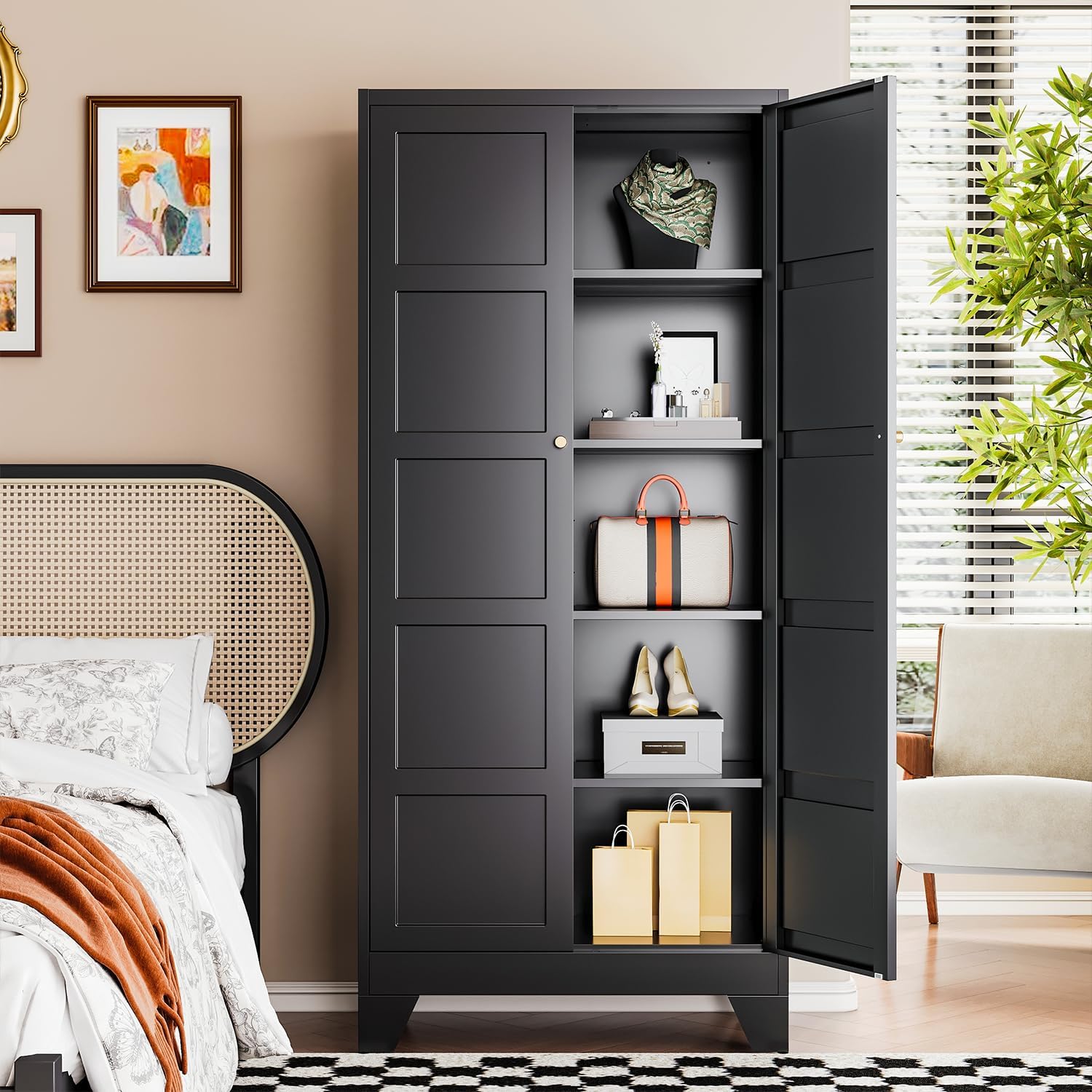 Letaya 71' H Metal Storage Cabinet with 2 Doors and 4 Shelves,Tall Kitchen Pantry Cabinets,Utility Pantry Organizers for Cupboard/Dining/Bathroom/Home Office/Garage (Black, 71' H x 16' D x 32' W)