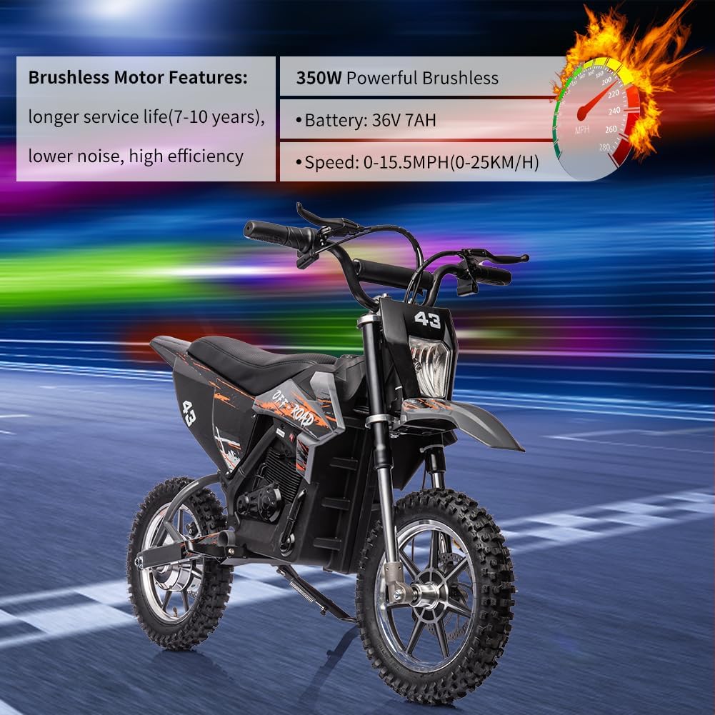 36V Kids Ride On Dirt Bike,15.5MPH Fast Speed Electric Battery-Powered Off-Road Motorcycle Max Load 175 Lbs,Led Light,Leather Seat,Disc Brake,Air-Filled Tires (Black, Brushless Motor)