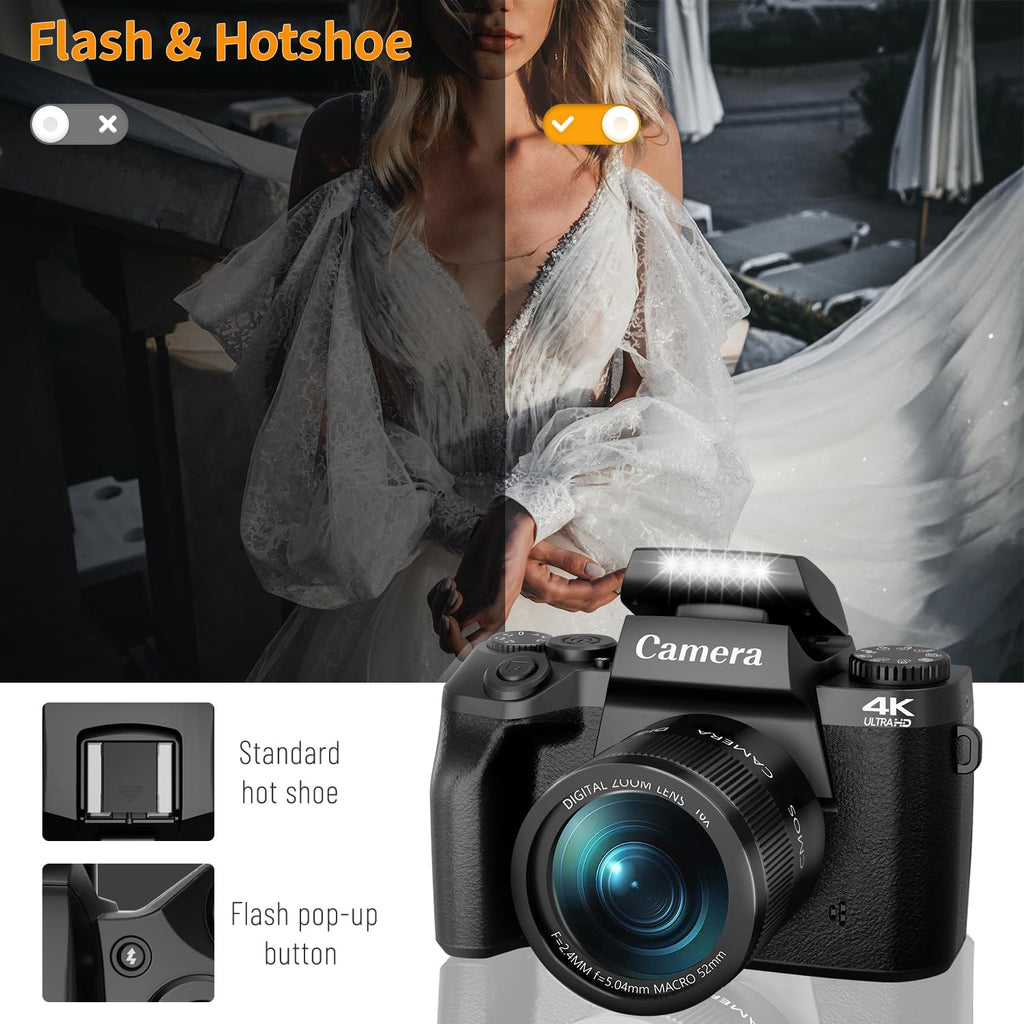 Saneen Digital Camera, 4k Cameras for Photography, 64MP WiFi Touch Screen Vlogging Camera with Flash, 32GB Card, Lens Hood,3000mAH Battery, Front and Rear Cameras,Hot Shoe Interface Beginner