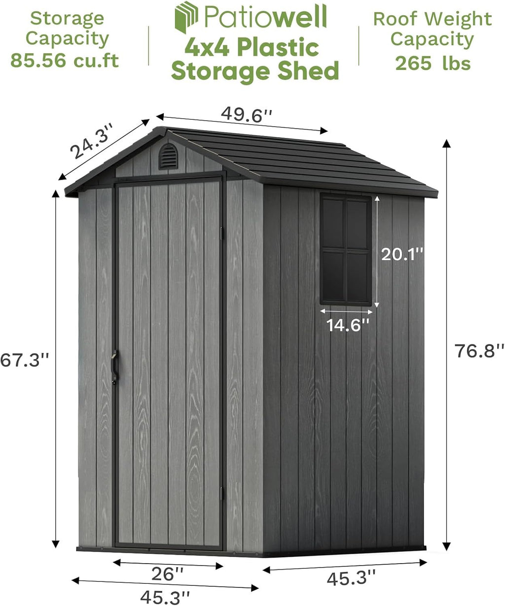 Patiowell 4 x 4 FT Plastic Outdoor Storage Shed with Floor, Garden Tool Resin Shed with Two Windows and Lockable Door for Garden, Backyard, Lawn, Easy to Install, Dark Grey
