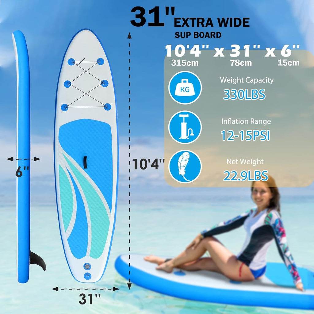 Inflatable Stand Up Paddle Board for Adult All Skill Levels- 10'4' Ultra-Light SUP Paddleboard with Durable Non-Slip Deck and Paddle Board Accessories Fins, Paddle, Pump, Backpack, Leash