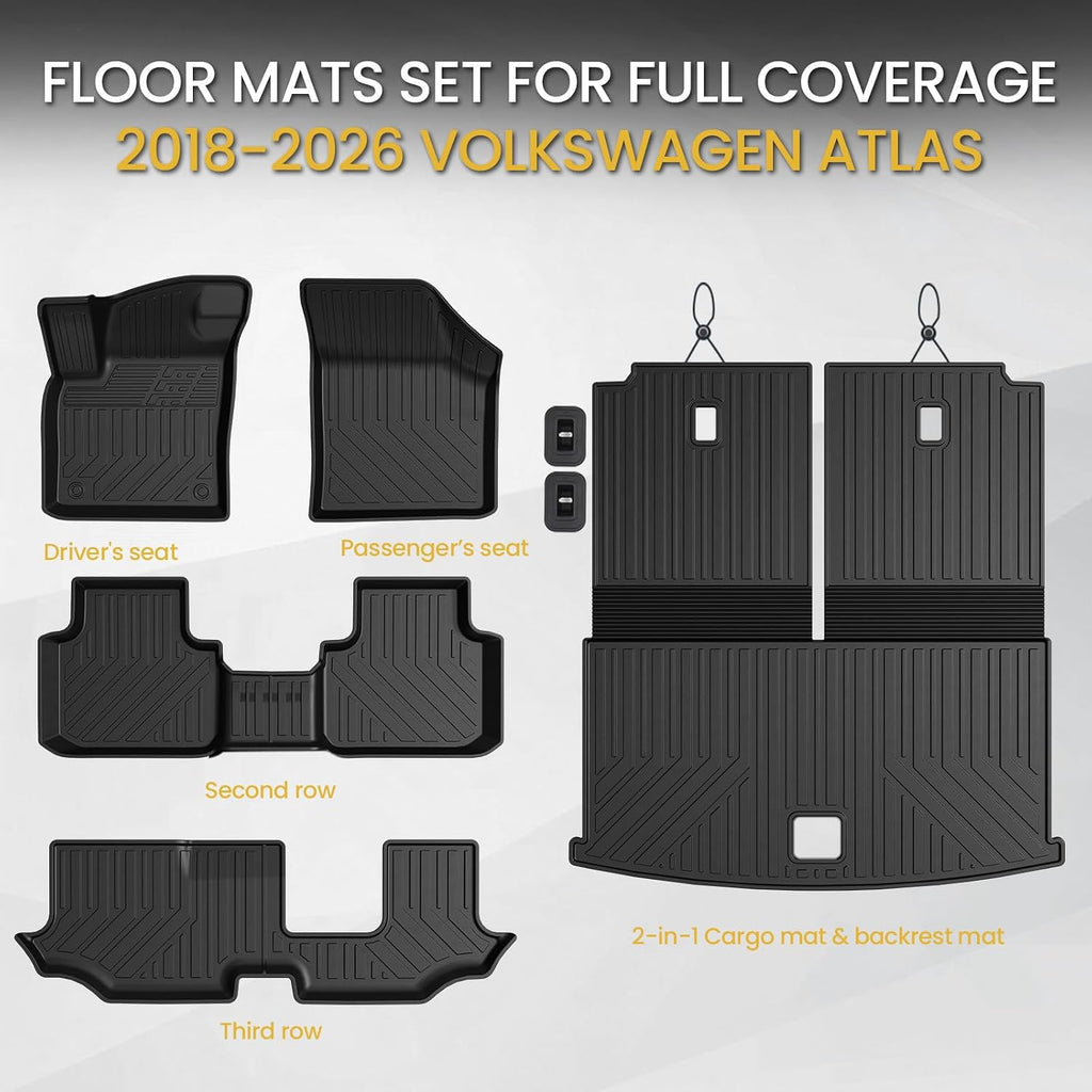 Floor Mats Set for 2018-2025 2026 Volkswagen VW Atlas 7 Seats Bench Seating Car Mat Accessories(Not Fit Cross Sport), All Weather TPE Cargo Liner Trunk Mat(Floor Mats+2-in-1 Cargo Mat)