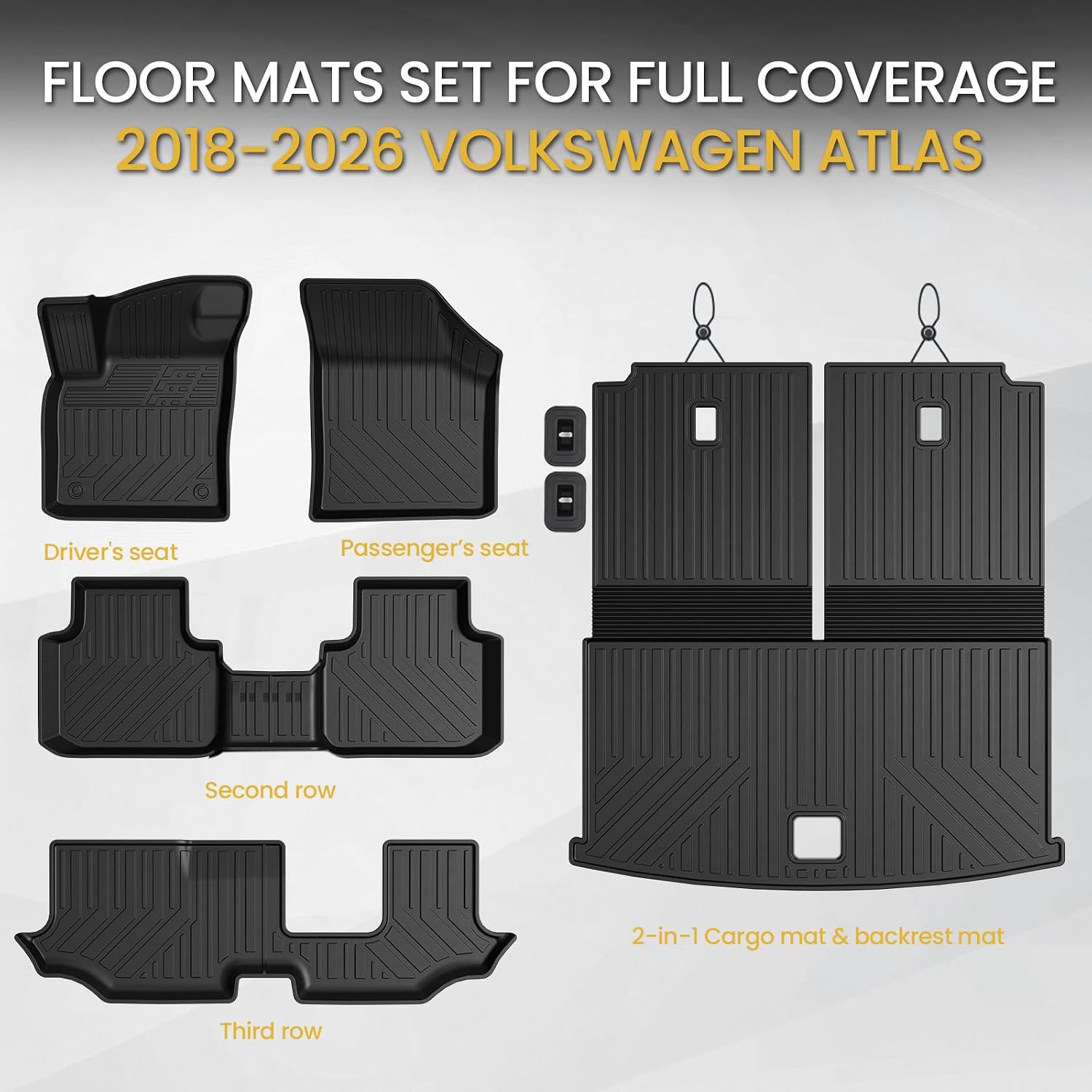 Floor Mats Set for 2018-2025 2026 Volkswagen VW Atlas 7 Seats Bench Seating Car Mat Accessories(Not Fit Cross Sport), All Weather TPE Cargo Liner Trunk Mat(Floor Mats+2-in-1 Cargo Mat)