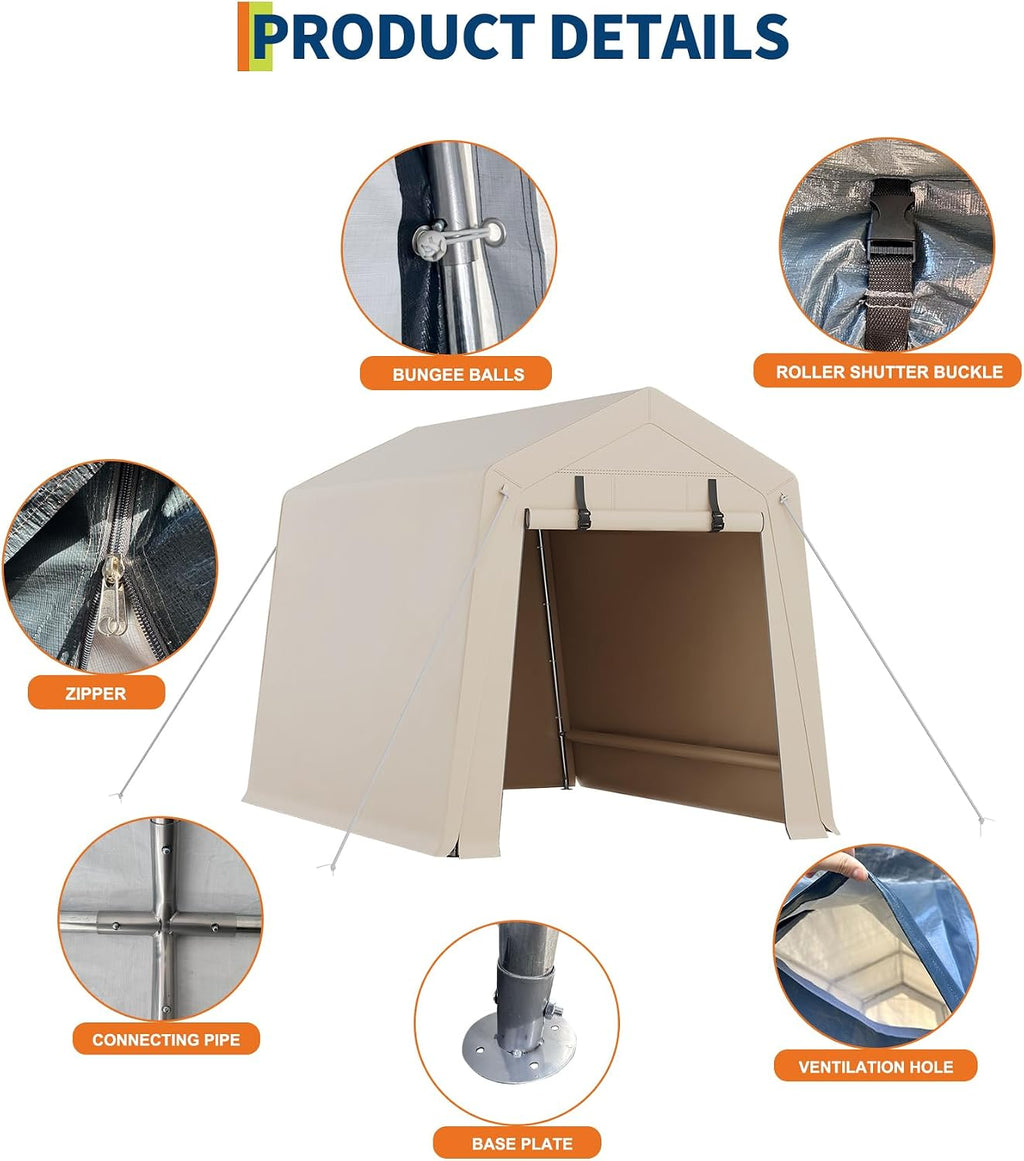 GarveeHome 6x6 FT Portable Outdoor Storage Shed with Roll-Up Zipper Door & Vent, 240G Heavy-Duty Shelter Waterproof PE Tarp, UV-Resistant Carport for Motorcycle, Firewood, Tools -Gray (Khaki, 6x8)