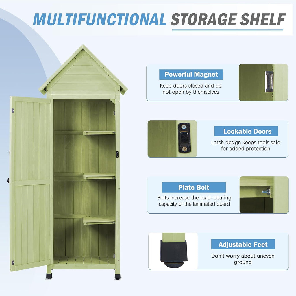 Wooden Outdoor Storage Cabinet,Tall Vertical Garden Tool Shed with Waterproof Metal Roof & Adjustable Feet – Perfect for Yard, Patio, Lawn & Deck (Green, 22' x 26' x 67')