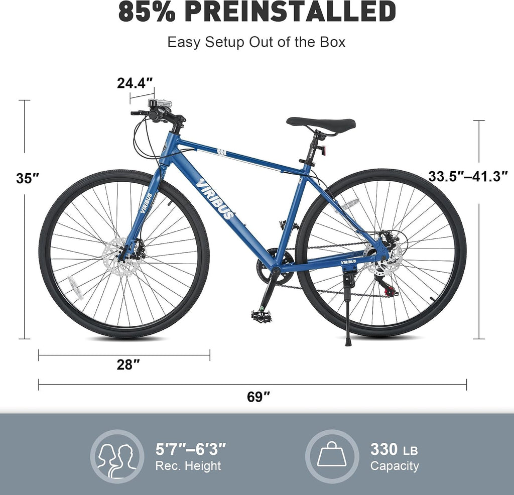 VIRIBUS Hybrid Bikes, 28 inch Mens Bike with Lightweight Aluminum Frame and Disc Brakes, 700C Bikes for Tall Men, 7 Speed Vintage Retro Hybrid Bicycles for City Commuters, Adult Road Bike, Blue