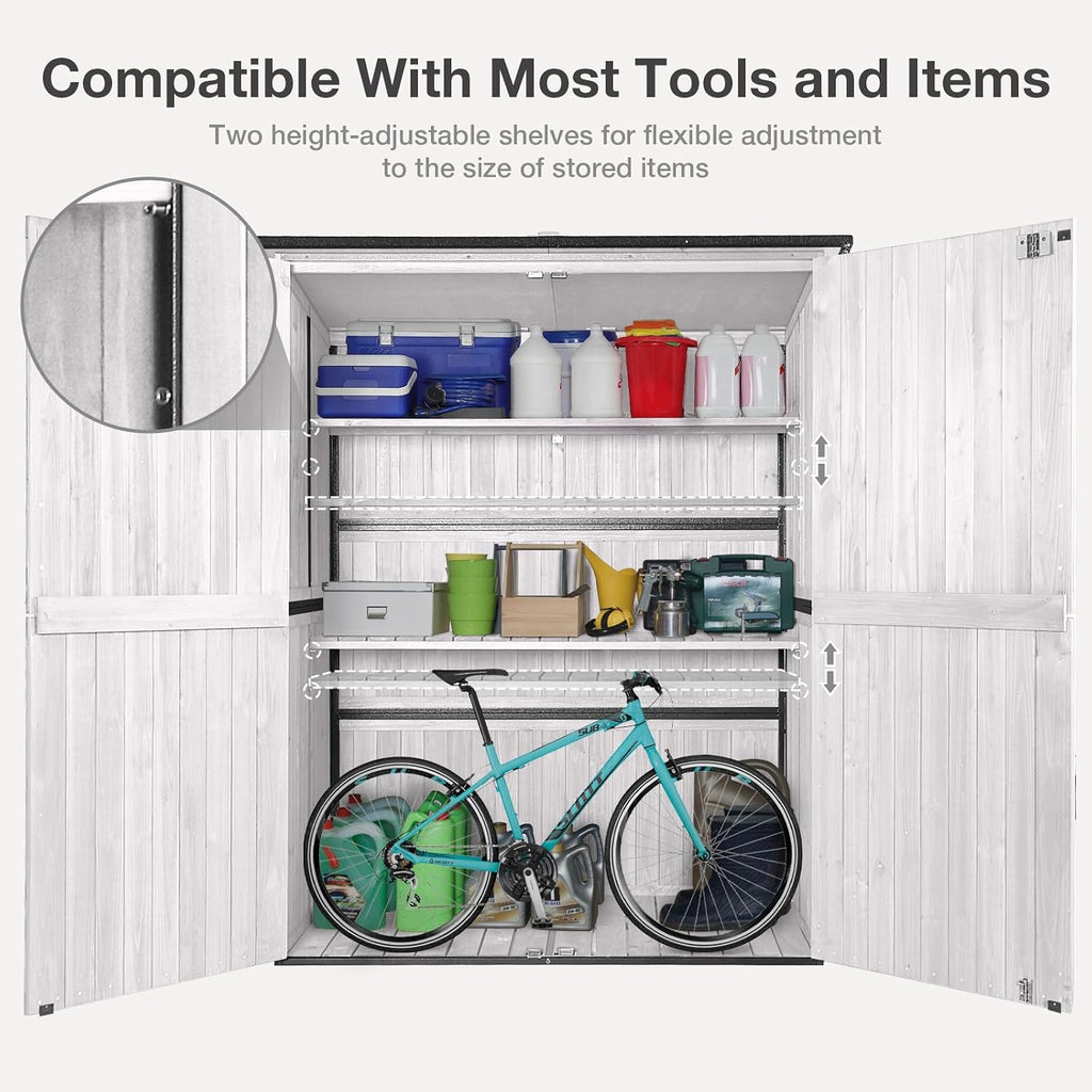 Outdoor Storage Shed with Floor - Waterproof Natural Fir Cabinet with Adjustable Shelves and Double Lock for Anti-Theft - Suitable for Storing Garden Tools and Household Debris (White)