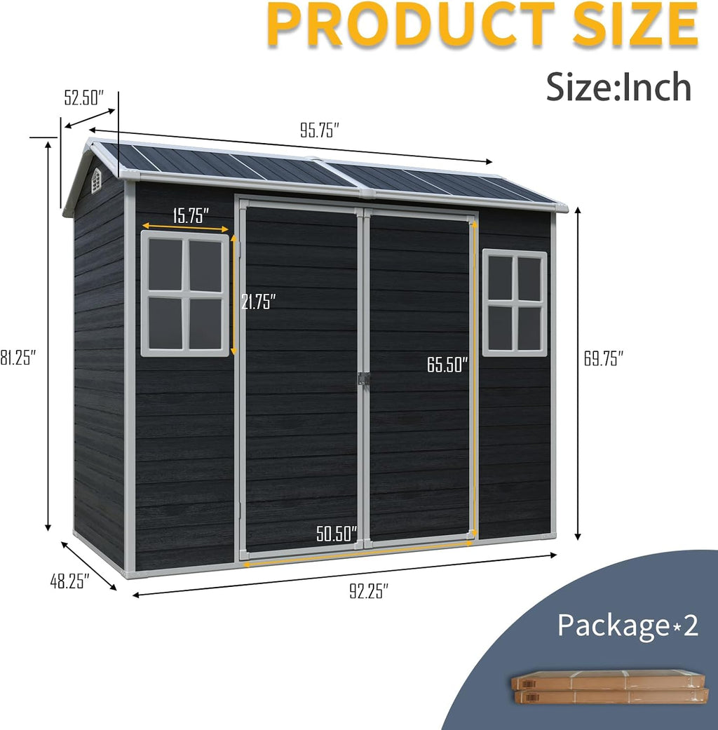 8 x 4 FT Outdoor Storage Shed, Outdoor Resin Shed with Two-Window and Double-Door, Plastic with Floor for Gargen, Patio, Yard, Lawn (Black)