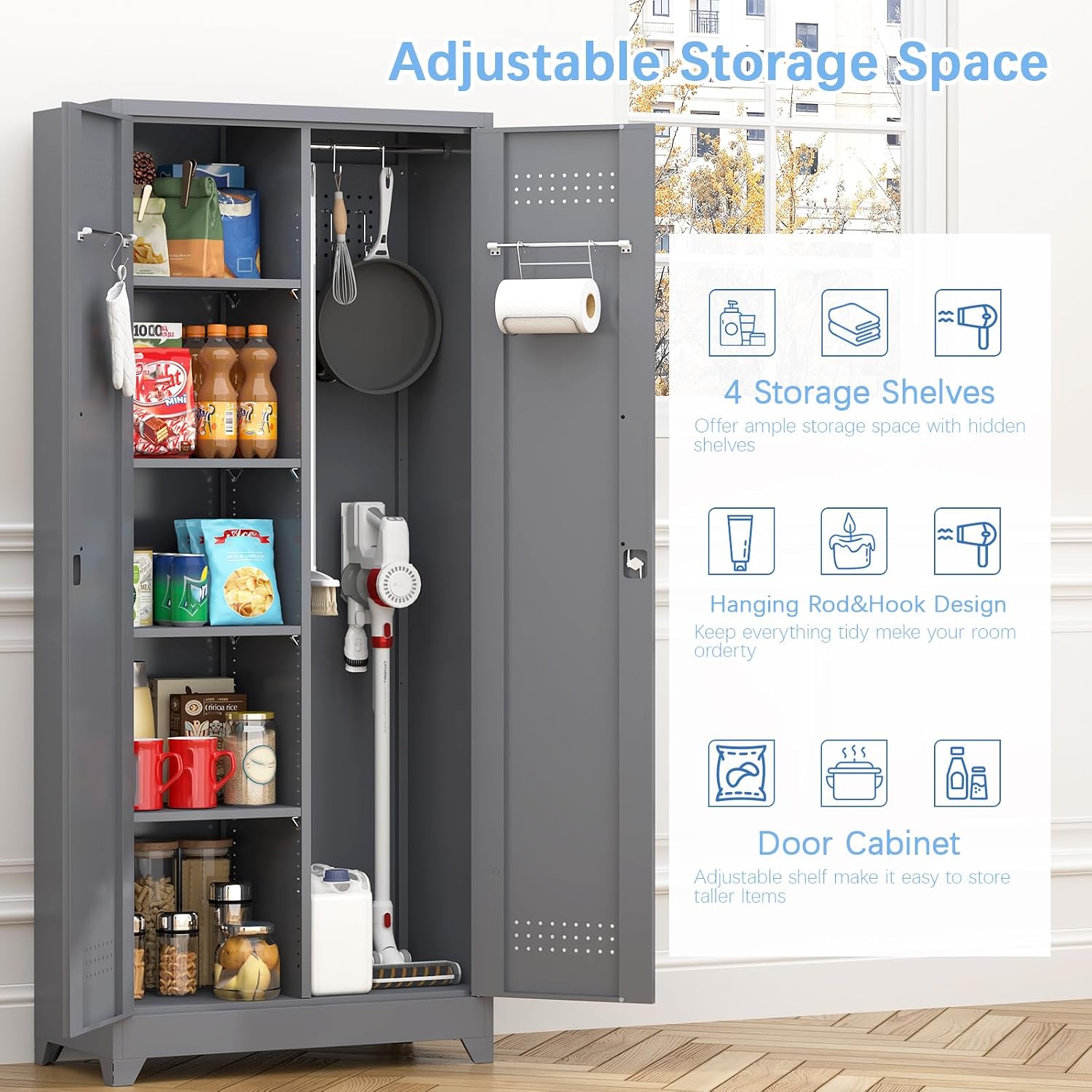 IRONFFICE Metal Garage Storage Cabinets,Metal Broom Closet Storage Cabinet,Utility Cabinets for Brooms and Mops,Steel Tall Cabinet with Shelves for Laundry Room,Bathroom,Home,Grey