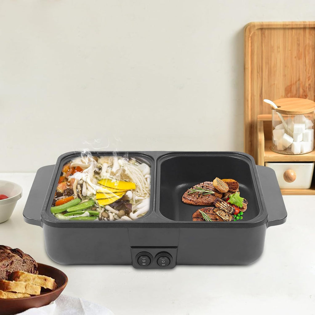 Hot Pot Electric with Grill, 2 in1 Indoor Non-Stick Shabu Shabu Pot & Frying Pan, Portable Mini Hot Pot Korean BBQ w/Individual Dual Temperature Control, 1-3 People