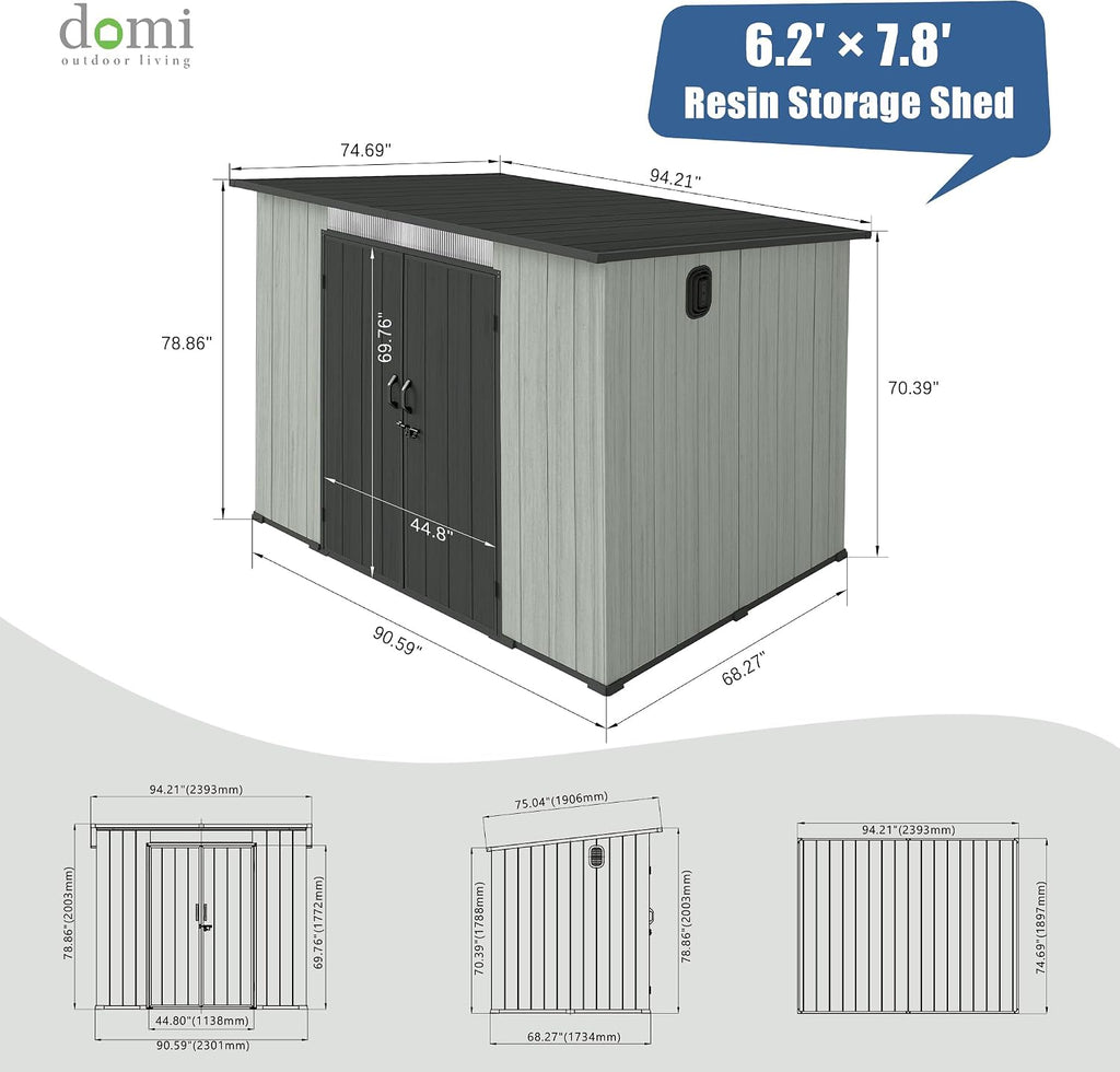 Domi 6x8FT Outdoor Resin Storage Shed with Transparent Windows & Louvered Vents, Plastic Tool Shed with Double Lockable Doors & Sloping Roof, Outside Garden Shed for Backyard, Patio, Lawn, Grey