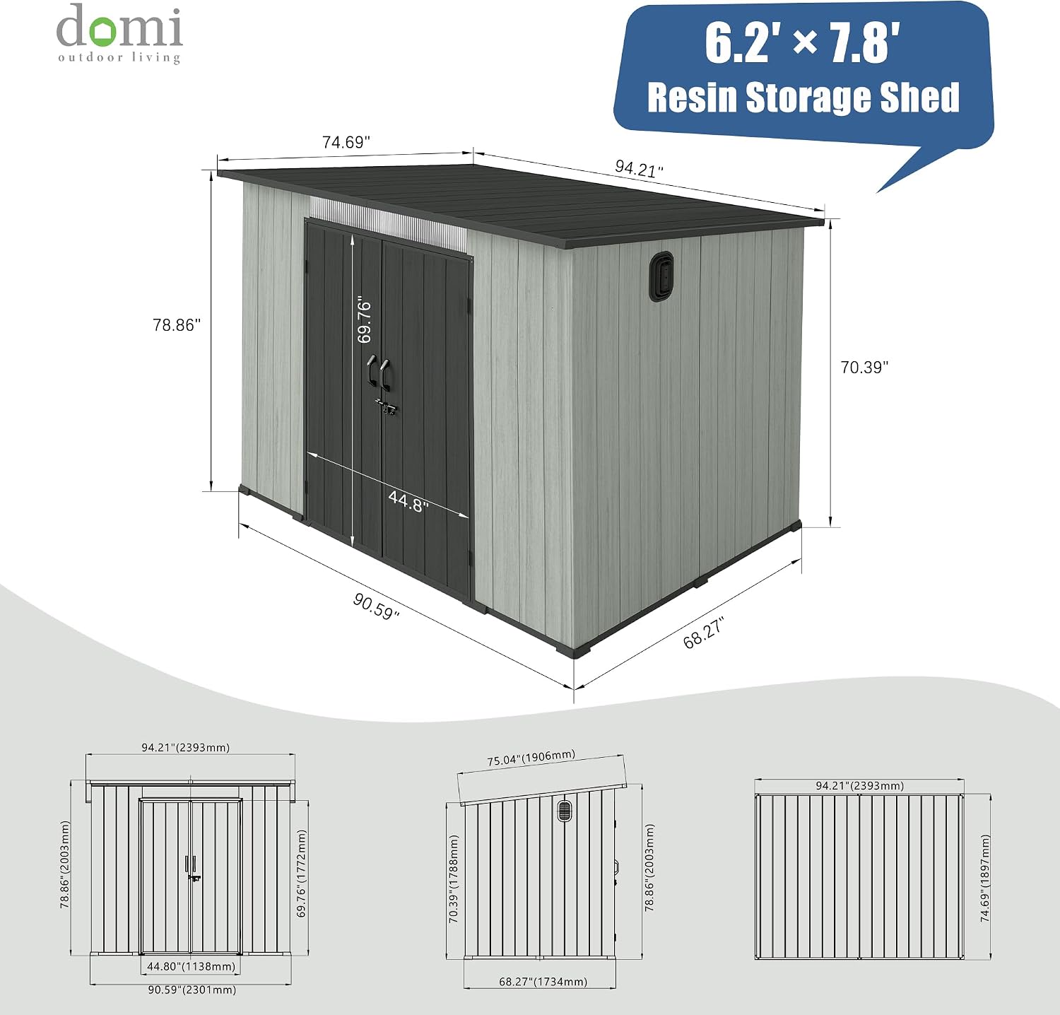 Domi 6x8FT Outdoor Resin Storage Shed with Transparent Windows & Louvered Vents, Plastic Tool Shed with Double Lockable Doors & Sloping Roof, Outside Garden Shed for Backyard, Patio, Lawn, Grey