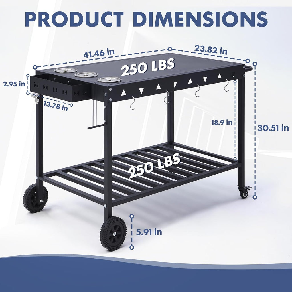 Portable Outdoor Grill Table with Wheels, Heavy-Duty Griddle Stand Grill Cart with Shelves,Towel Holder, Spice Pots & Bottle Opener, Multi-Functional BBQ Prep Station & Utility Cart