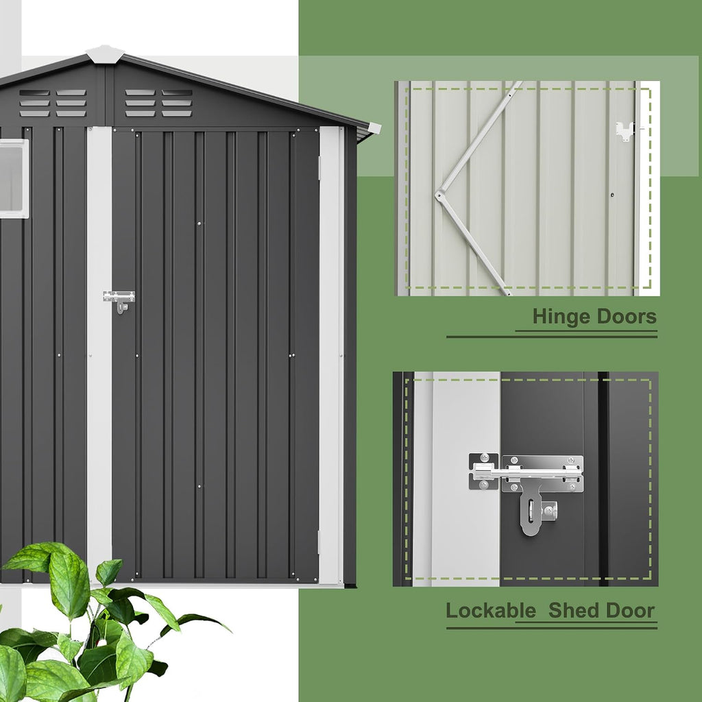 6x4ft Tool Storage Shed with Lockable Doors & Window, Metal Garden Tool Shed with Sloped Roof, Steel Outdoor Storage Shed for Garden, Patio, Garage, Backyard, Lawn - Dark Gray