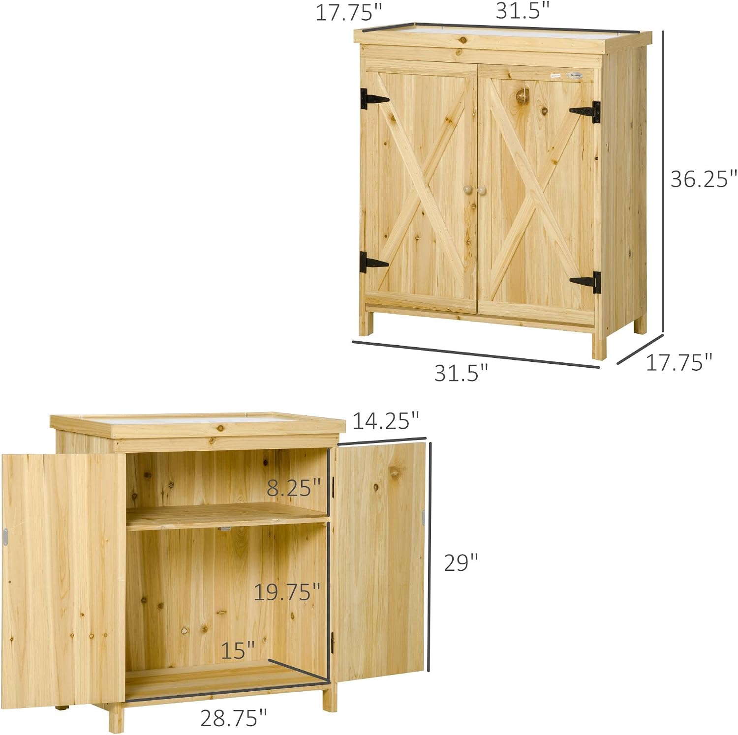Outsunny Garden Storage Cabinet, Outdoor Tool Shed with Galvanized Top and Two Shelves for Yard Tools or Pool Accessories, Natural