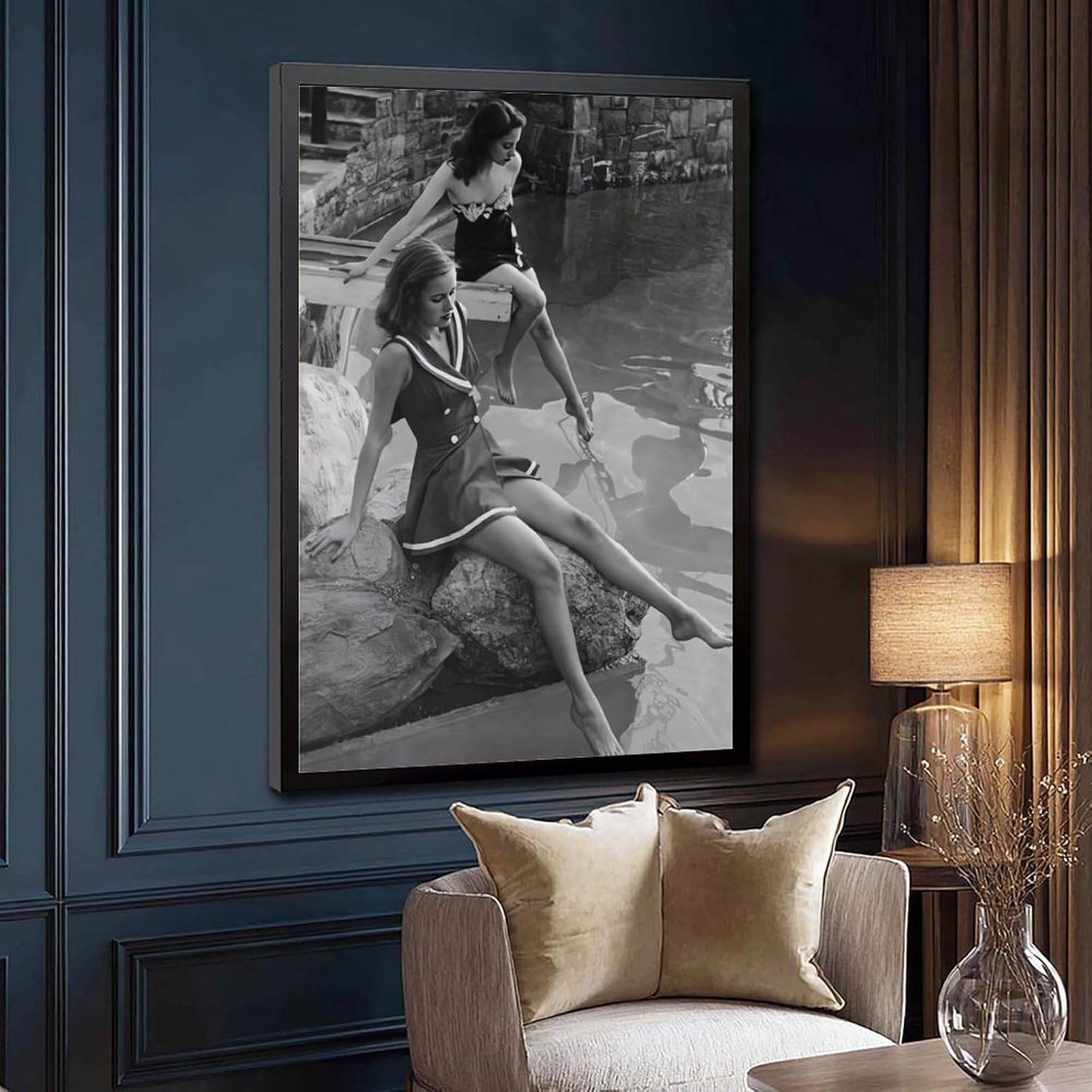 UXCBIA Young Woman, Paris, France, 1950s, Retro Women's Fashion Swimsuit, Black And White Poster Canvas Poster Bedroom Decor Sports Landscape Office Room Decor Gift Black Frame 24x36in(60x90cm)