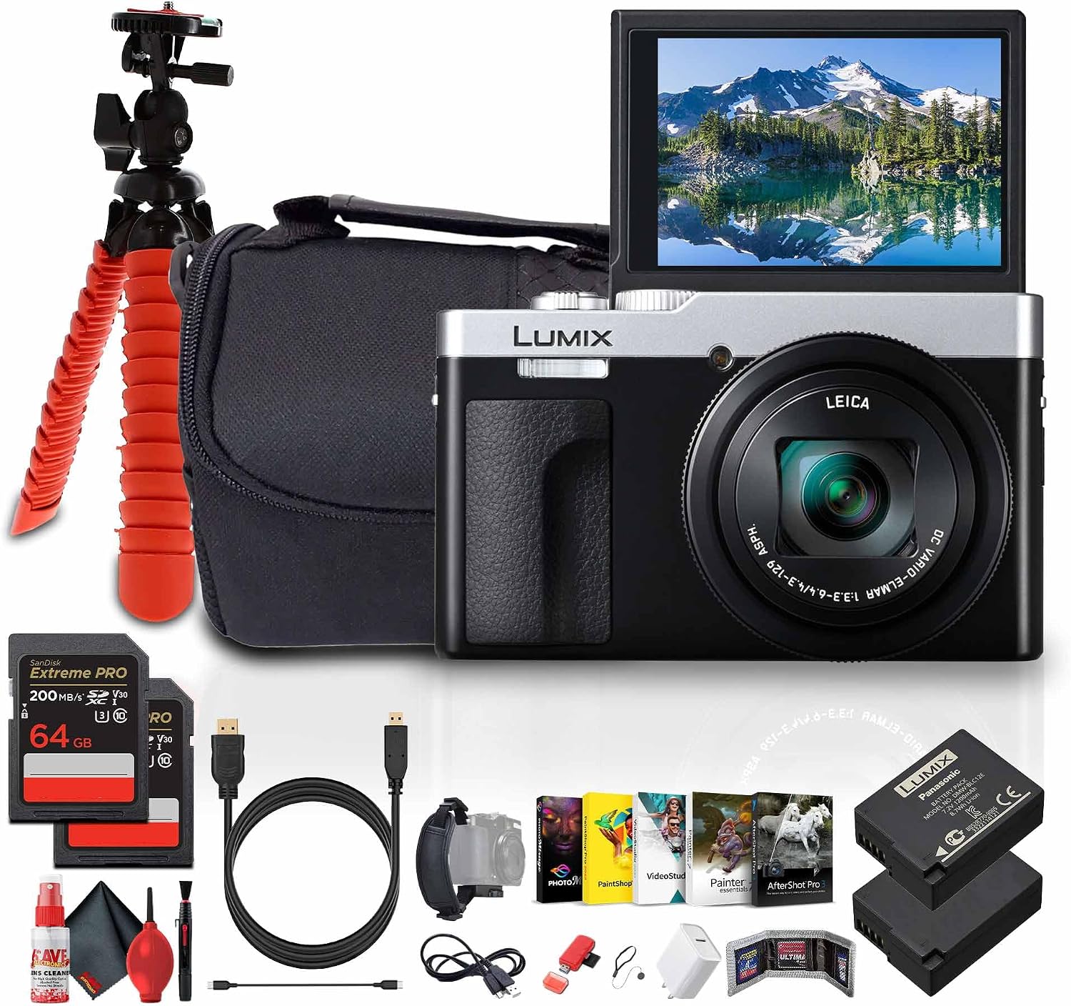 Panasonic ZS99 Point and Shoot Compact Travel Digital Camera (Silver) (DC-ZS99S) + Photography Software + 2 x 64GB Memory Card + DMW-BLG10 Battery + Camera Bag + Flexible Tripod + USB-C Cable + More