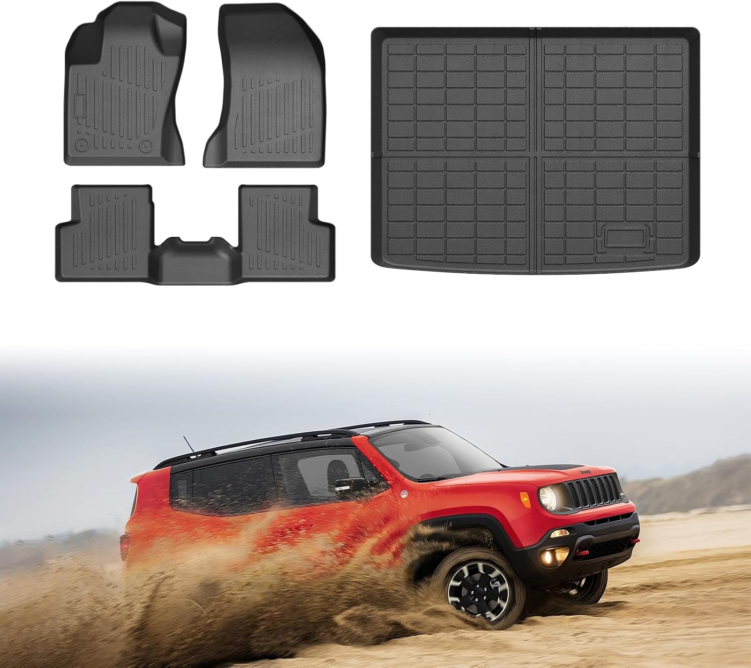 Mixsuper Renegade Floor mats-Floor Mat & Cargo Liner for Jeep Renegade 2015-2023 (Not for Sport),All Weather TPE Floor Liners Protection for Renegade Accessories,Full Set Anti-Slip Car Mats,Black