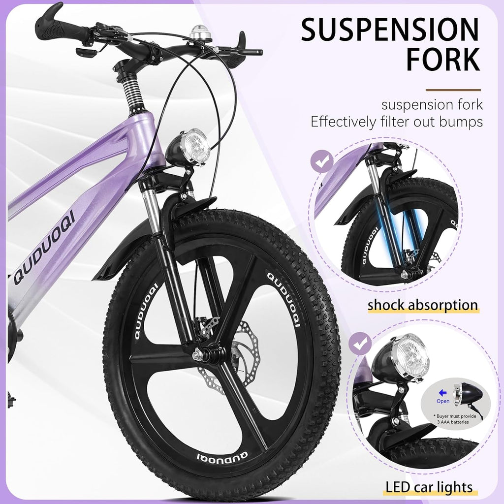 20 Inch Mountain Bike Bicycle for Kids Ages 7-12 with Dual Disc Brakes, 7 Speeds, Shock Absorber, LED Lights,for Boys & Girls