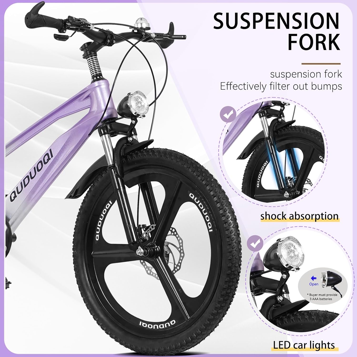 20 Inch Mountain Bike Bicycle for Kids Ages 7-12 with Dual Disc Brakes, 7 Speeds, Shock Absorber, LED Lights,for Boys & Girls