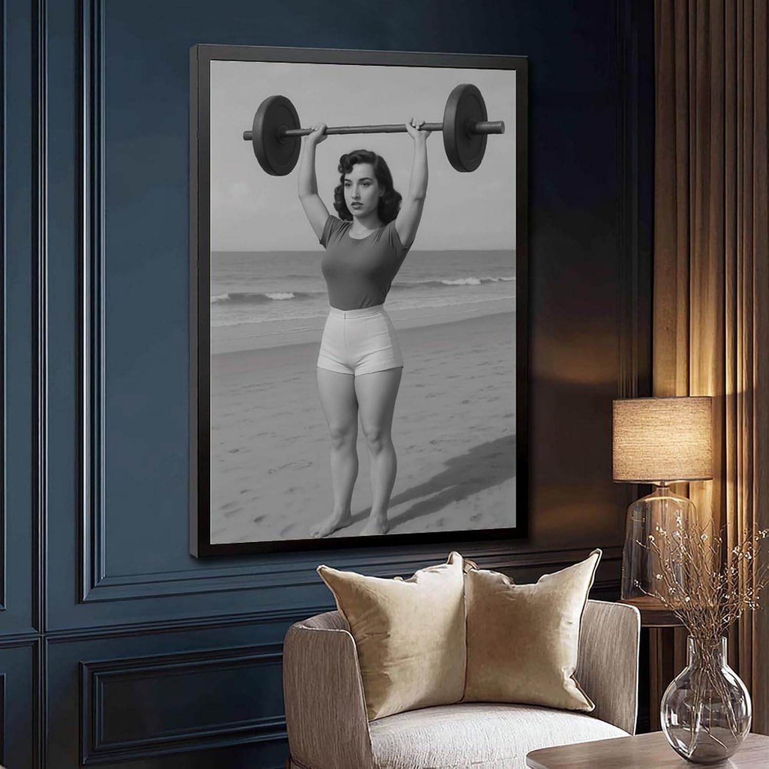 Vintage Woman Weightlifting, Woman Bodybuilder , Black And White , Beach Fitness Art Poster Canvas Poster Wall Art Decor Print Picture Paintings for Living Room Bedroom Decoration Black Frame 24x36in(