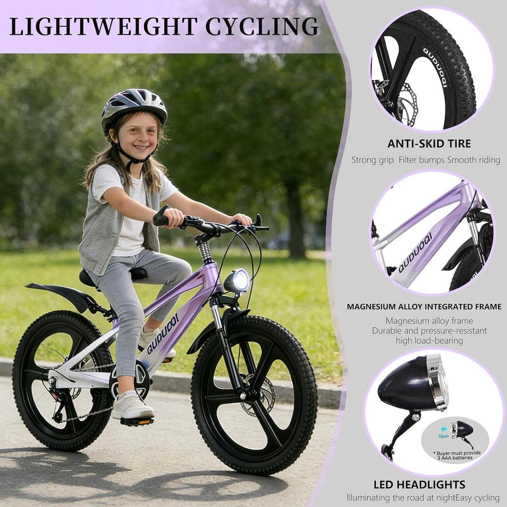 20 Inch Mountain Bike Bicycle for Kids Ages 7-12 with Dual Disc Brakes, 7 Speeds, Shock Absorber, LED Lights,for Boys & Girls