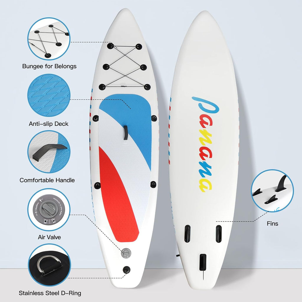 Panana Inflatable Stand Up Paddle Board 10'/10'8''x30''/32''x6'' iSUP Non-Slip Deck Paddleboard for Adults Beginners Youth, with Paddle Pump Fins Leash Backpack