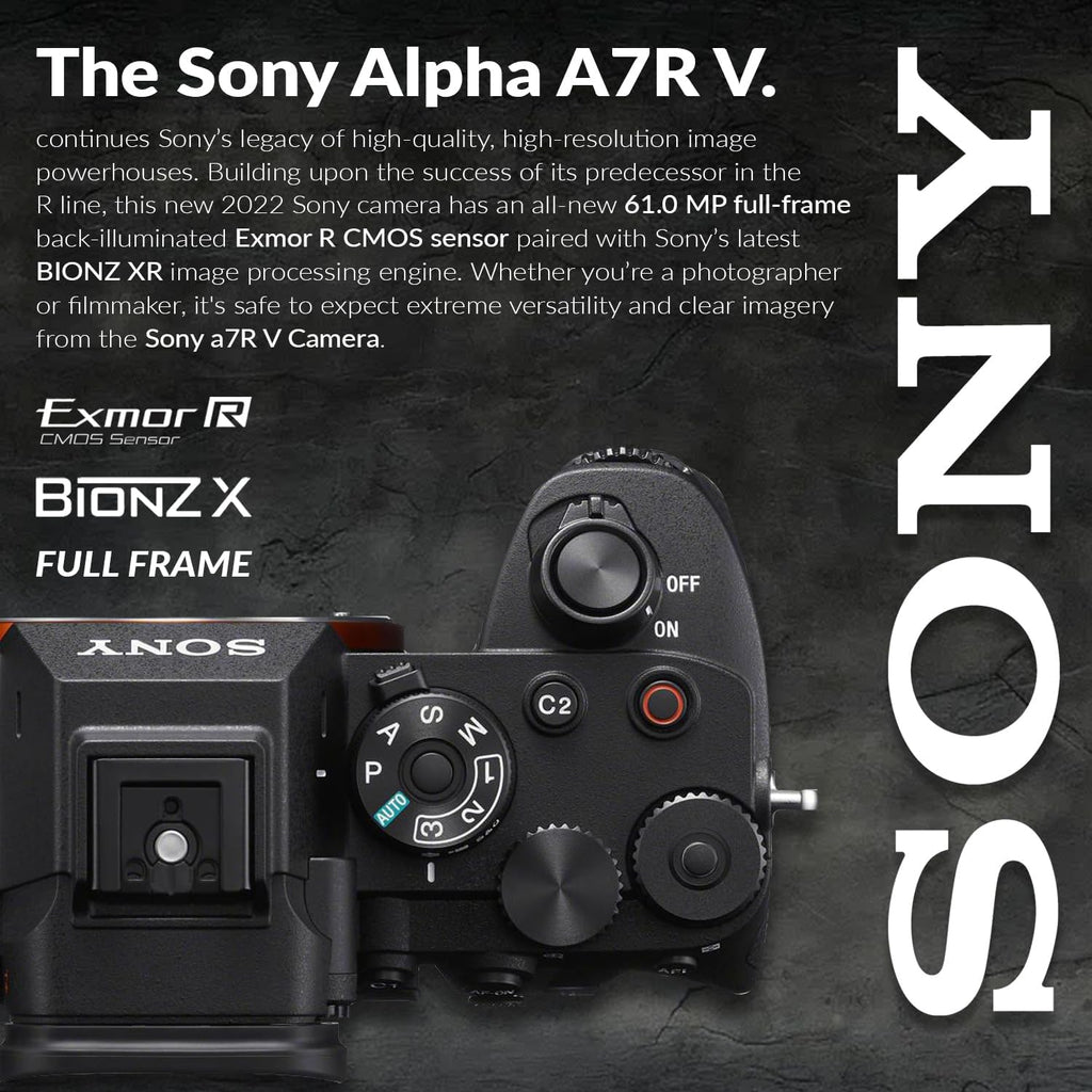 Sony Alpha a7R V Full-Frame Mirrorless Digital Interchangeable Lens Camera Body - Bundle with 128GB UHS-II SDXC Memory Card, Backpack, Extra Battery, Sony 1 Year Limited Warranty