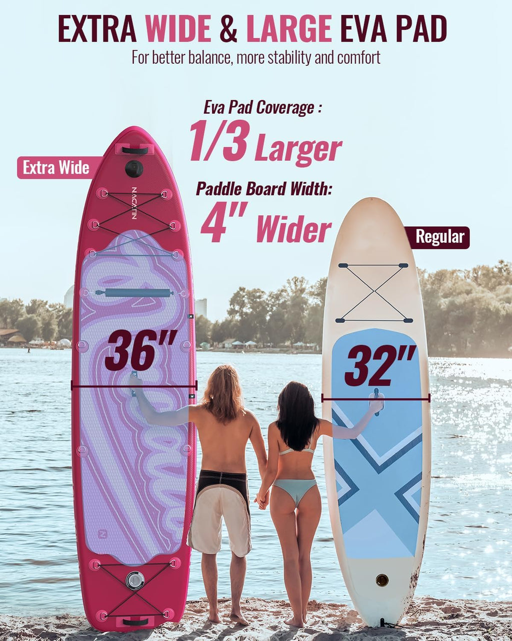 NACATIN 12'/366cm Extra Large Inflatable Stand Up Paddle Board with Seat, Wide 36'/91cm SUP Board for Adults & Family, with Single/Double Paddle, Kayak Seat, Pump, Stable Wide Deck for Beginners