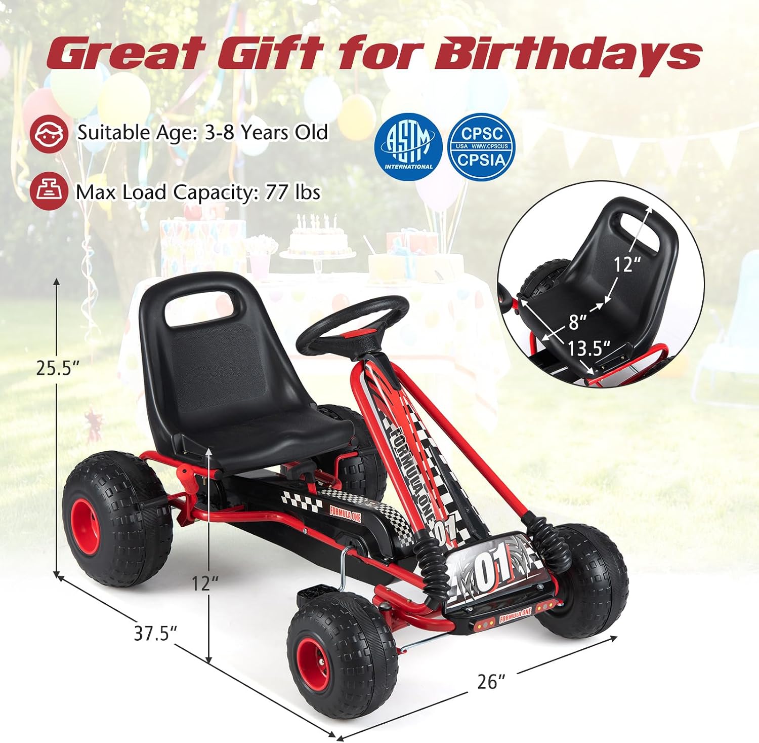 HONEY JOY Pedal Go Kart, 4 Wheeler Toddler Racing Ride On Pedal Car Toy, Forward/Backward, Ergonomic Seat, Handbrake, Steering Wheel, Outdoor Off-Road Go Cart for Kids, Boys Girls Gift (Red)