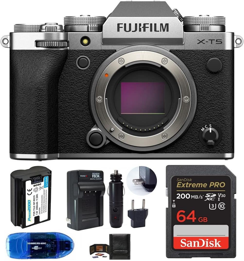 Fujifilm X-T5 Mirrorless Digital Camera Body Bundle, Includes: SanDisk 64GB Extreme PRO SDXC Memory Card, Spare Battery + More (6 Items) (Silver)
