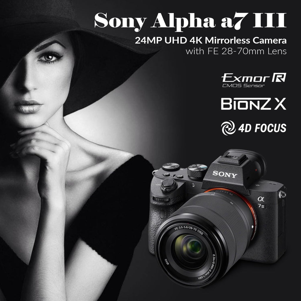 Sony Alpha a7 III Mirrorless Digital Camera with FE 28-70mm Lens - Bundle, Shoulder Bag, 64GB SD Card, Card Reader, SD Card Case, PC & Mac Software Kit, Extra Battery, 55mm Filter Kit
