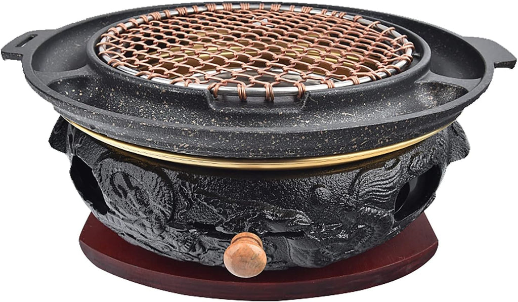 BBQ Barbeque Barbecue Grill, BBQ, Top Korean Smokeless Charcoal Dragon Pattern Cast Iron Grill, Stainless Steel Striped Plate, 18 Styles (Color : Q)