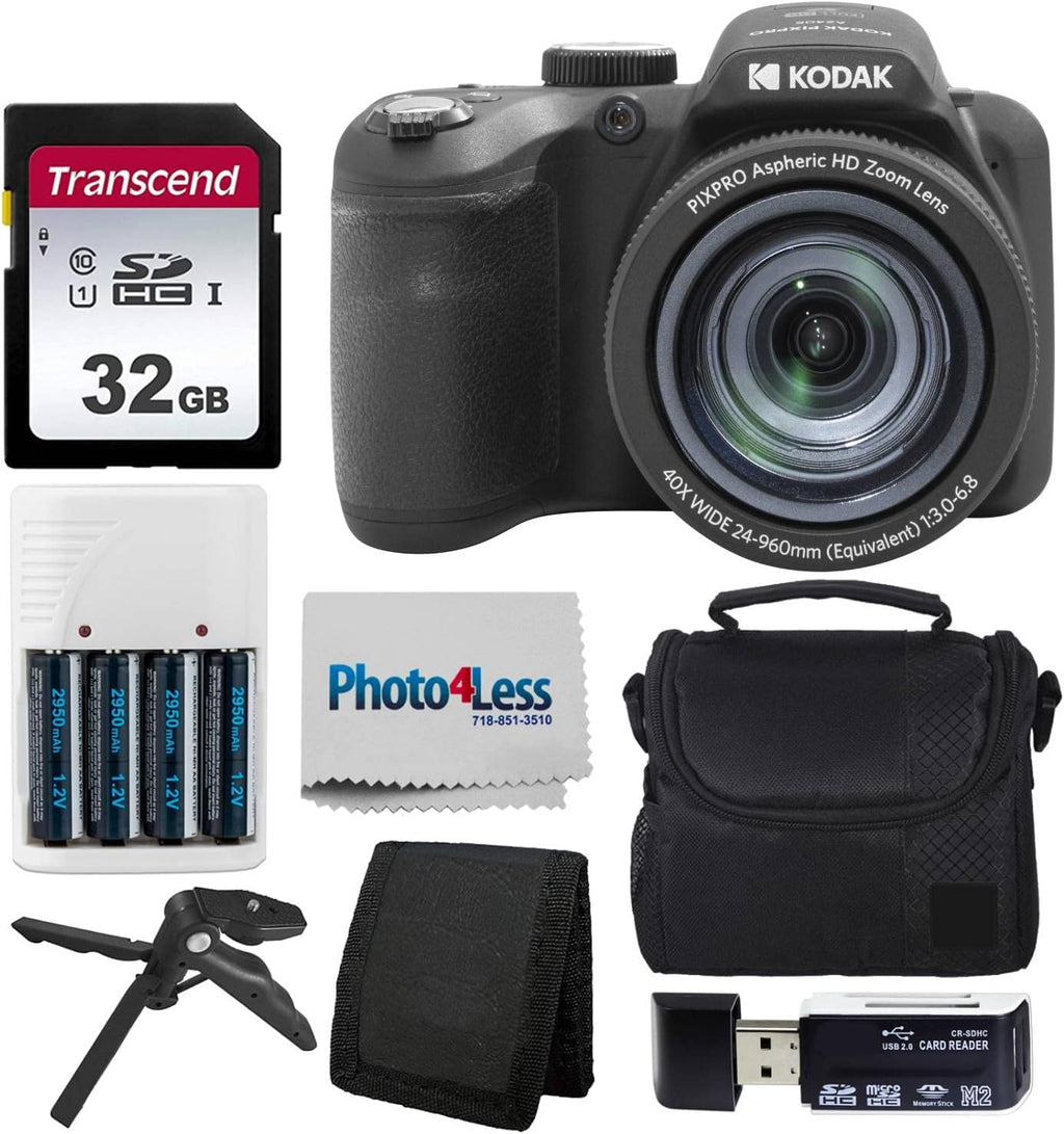Kodak PIXPRO AZ405 Digital Camera Black, Point & Shoot Camera Case, 32GB SD Memory Card, Rechargeable Batteries & Charger, USB Card Reader, Table Tripod, Accessories