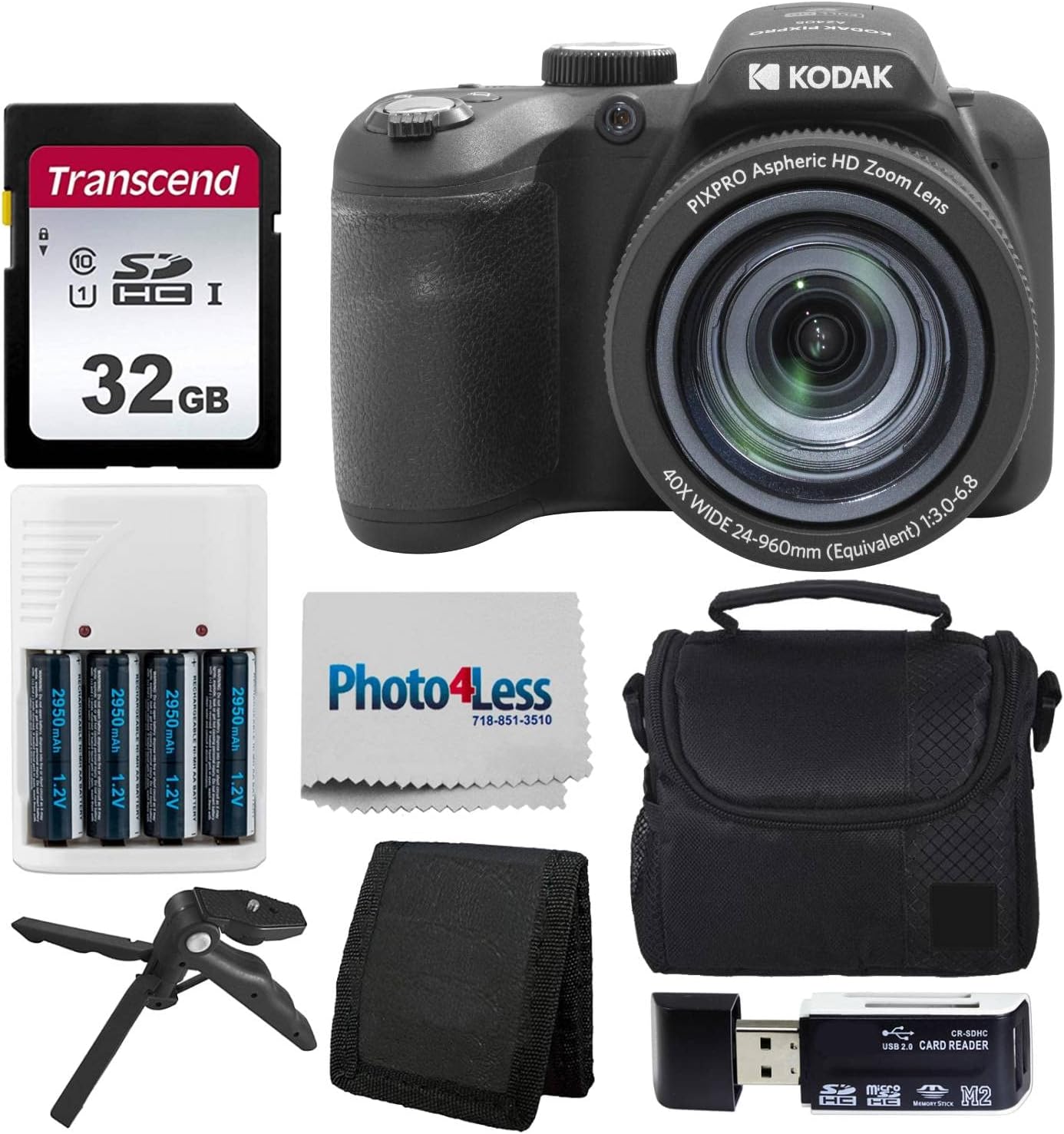 Kodak PIXPRO AZ405 Digital Camera Black, Point & Shoot Camera Case, 32GB SD Memory Card, Rechargeable Batteries & Charger, USB Card Reader, Table Tripod, Accessories
