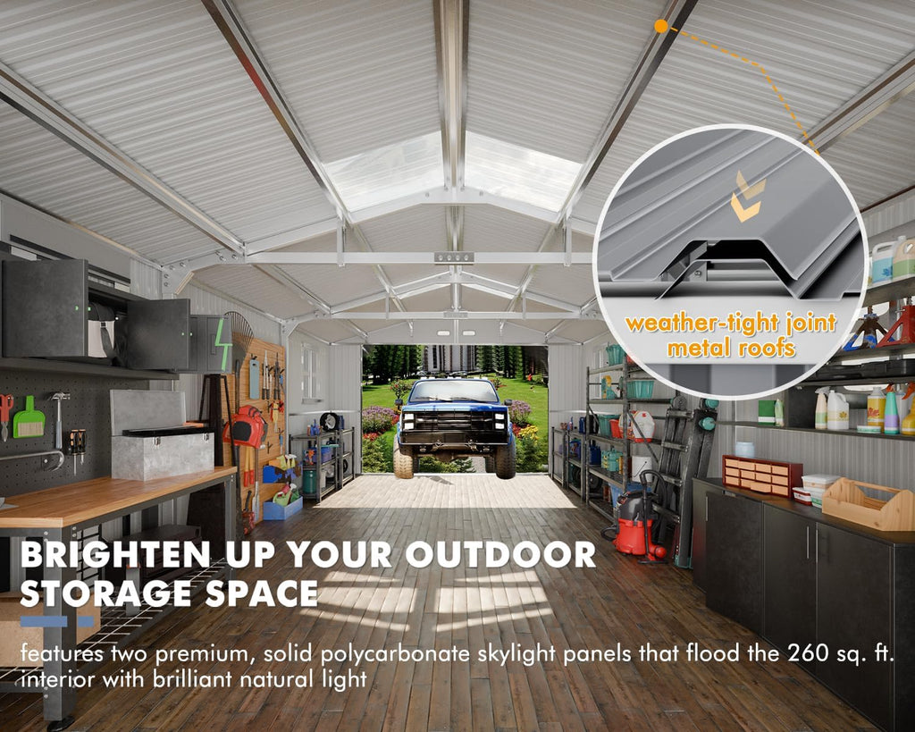 WACASA 13x20x8.3 FT Large Metal Garage Shed with Base Floor Kit, Ultra-Reinforced 18-Gauge Powder-Coated Steel Frame, 100 PSF Snow & 150 MPH Wind Rated, Skylight Dual-Entry Carport & Workshop