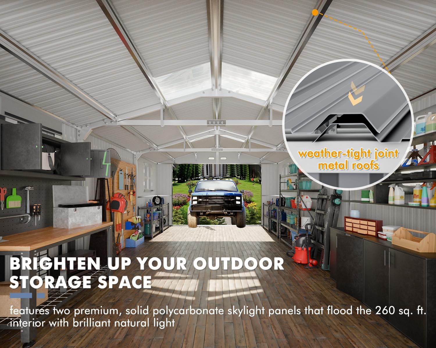 WACASA 13x20x8.3 FT Large Metal Garage Shed with Base Floor Kit, Ultra-Reinforced 18-Gauge Powder-Coated Steel Frame, 100 PSF Snow & 150 MPH Wind Rated, Skylight Dual-Entry Carport & Workshop