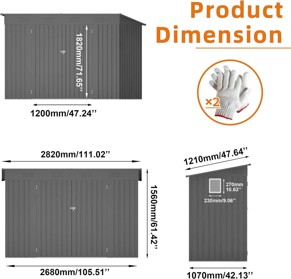 4x9 ft Lean to Shed, Outdoor Storage Shed with Lockable Double Door and Window, Metal Storage Sheds with Sloping Roof and 6 Vents, Outside Garden Tool Sheds for Backyard, Patio (Grey)
